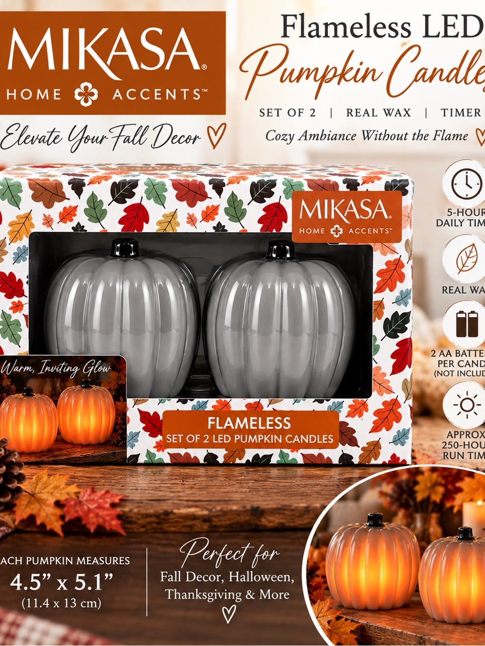 Mikasa Gray Pumpkin Flameless LED Candles Set 2 Real Wax Timer Fall Decor